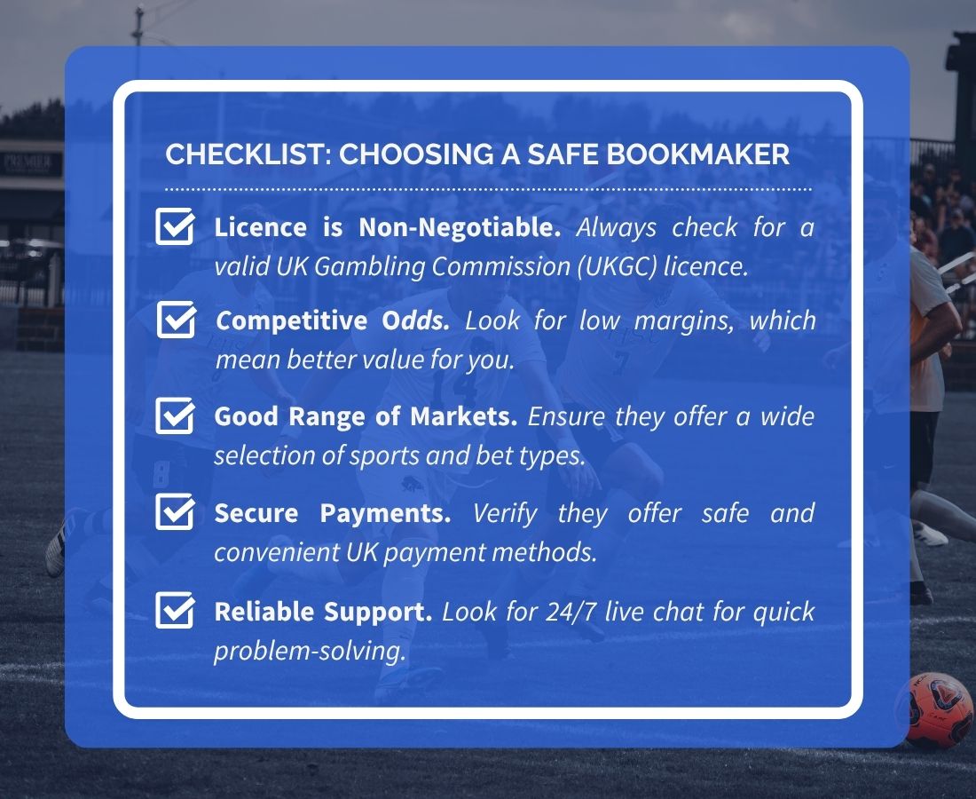 A checklist infographic summarizing the 5 key criteria for choosing a betting site: licence, odds, markets, payments, and support.