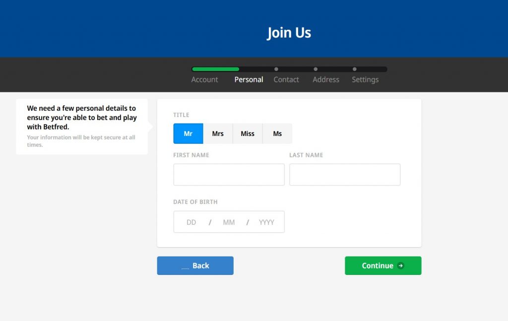 Second Screenshot of a typical betting site registration form with fields for personal details like name and address highlighted.