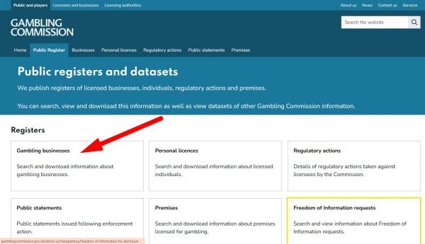 A screenshot of the UK Gambling Commission's official Public Register, showing the search bar used to check if a bookmaker is licensed.
