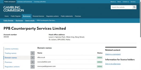 A screenshot of the UK Gambling Commission's official Public Register, showing the search bar used to check if a bookmaker is licensed. - Paddy Power