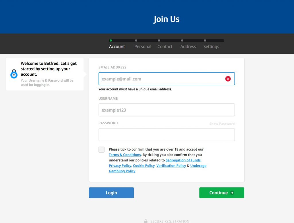 Screenshot of a typical betting site registration form with fields for personal details like name and address highlighted.