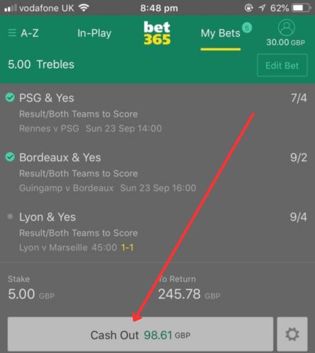 Screenshot of a live bet slip with the 'Cash Out' button and the offered value clearly highlighted.