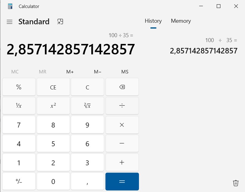 Calculator showing the formula to convert a 35% probability into fair betting odds of 2.86.