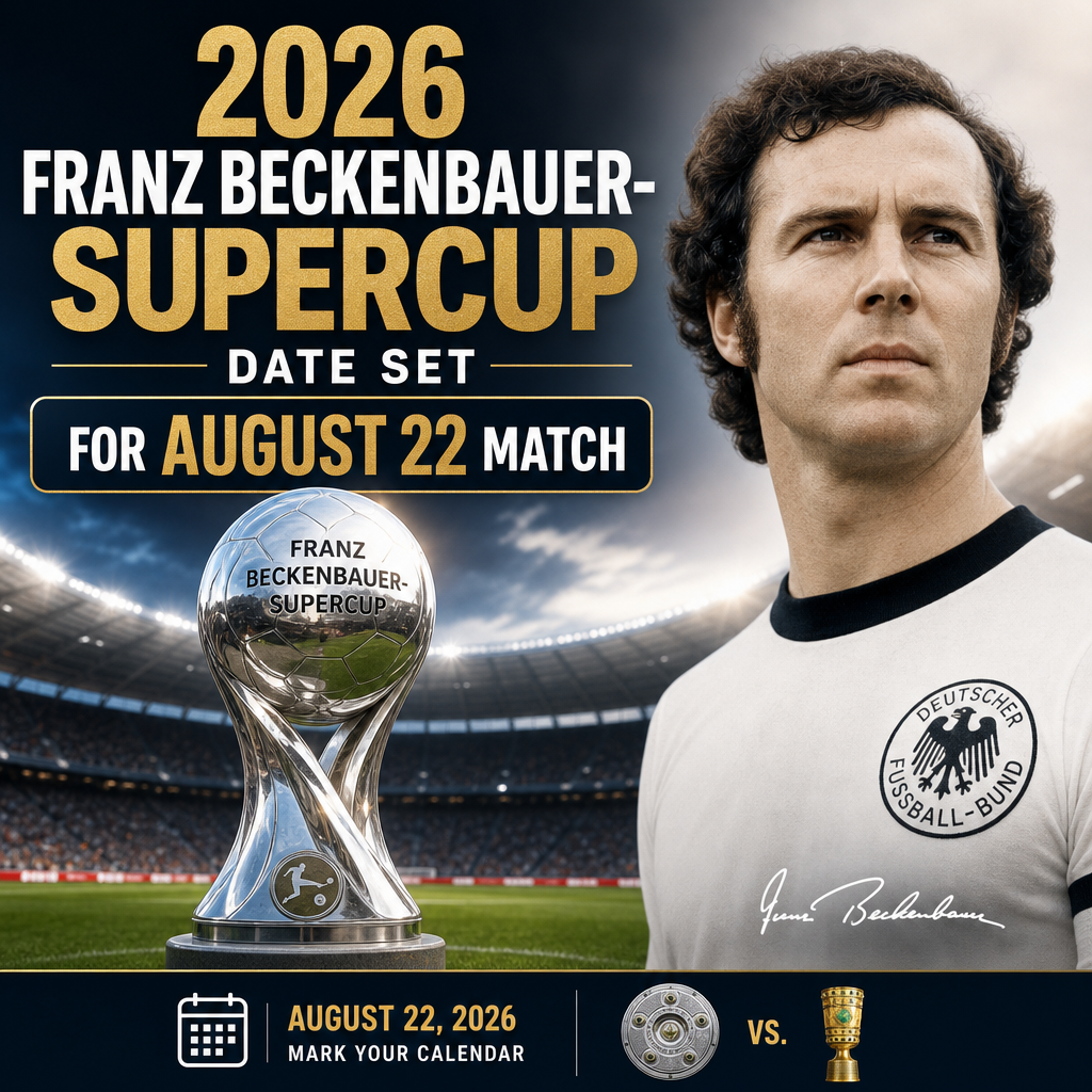 2026 Franz Beckenbauer Supercup football match scheduled for August 22, with players on the field under stadium lights.