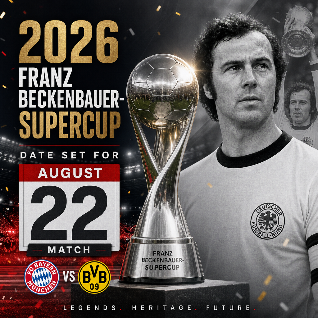 2026 Franz Beckenbauer Supercup match scheduled for August 22 between FC Bayern Munich and Borussia Dortmund.