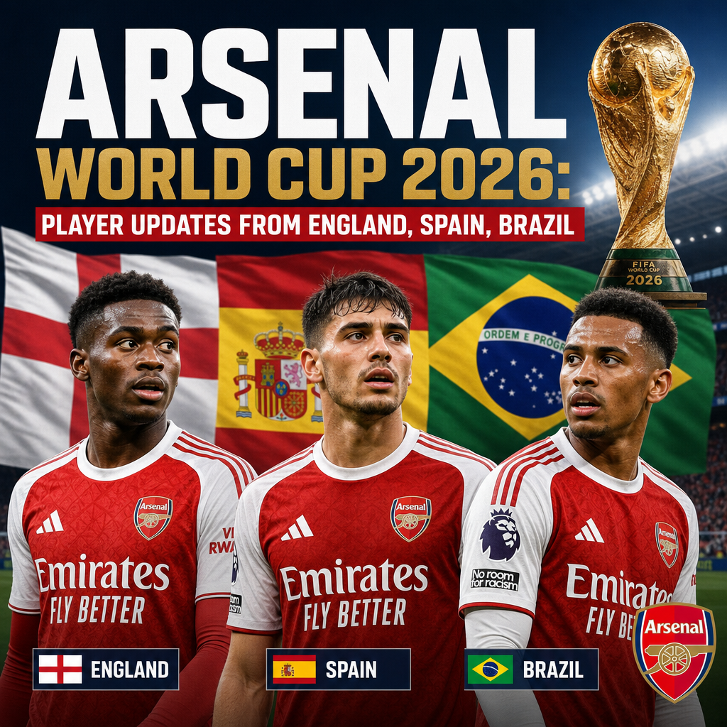 Arsenal players in England, Spain, and Brazil jerseys with World Cup 2026 updates background.