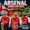Arsenal players in England, Spain, and Brazil jerseys with World Cup 2026 updates displayed behind them.