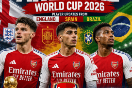 Arsenal players in England, Spain, and Brazil jerseys with World Cup 2026 updates displayed behind them.