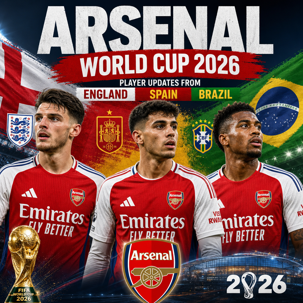Arsenal players in England, Spain, and Brazil jerseys with World Cup 2026 updates displayed behind them.