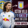 Aston Villa football player Ethan Ampadu in action, linked to a £30 million transfer from Leeds United.