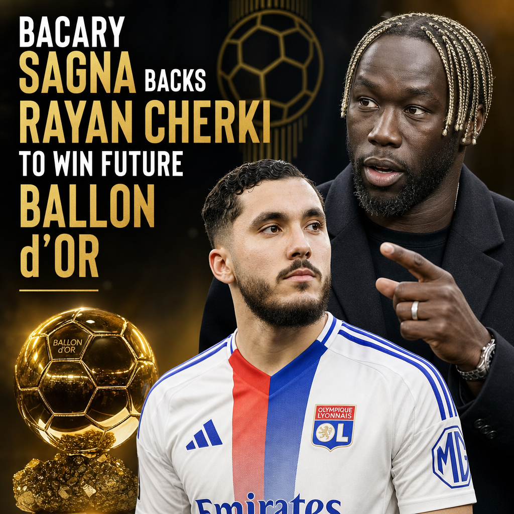 Bacary Sagna endorses Rayan Cherki as a future Ballon d’Or winner in a confident pose.