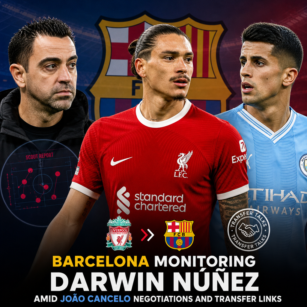 Barcelona officials closely watch Liverpool's Darwin Núñez during João Cancelo transfer talks.