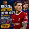 Barcelona officials watch a large screen showing Darwin Núñez during João Cancelo transfer talks.
