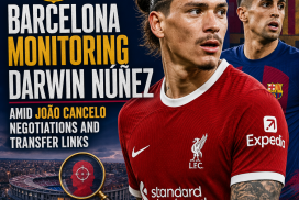 Barcelona officials watch a large screen showing Darwin Núñez during João Cancelo transfer talks.