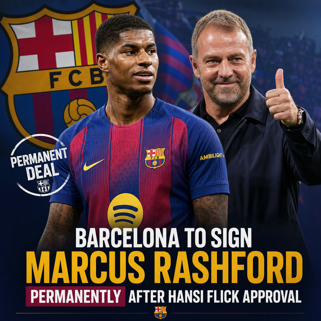 Marcus Rashford celebrating a goal, with Barcelona and Hansi Flick logos symbolizing his permanent transfer.