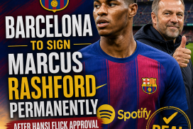 Marcus Rashford celebrating in a Barcelona jersey after transfer approval by coach Hansi Flick.