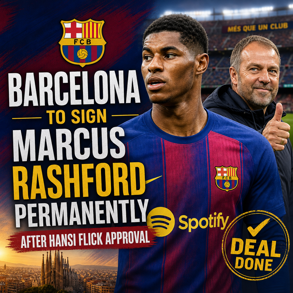 Marcus Rashford celebrating in a Barcelona jersey after transfer approval by coach Hansi Flick.