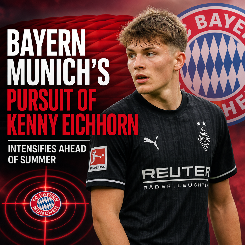 Bayern Munich executives in discussion, emphasizing their pursuit of footballer Kenny Eichhorn before summer transfer.