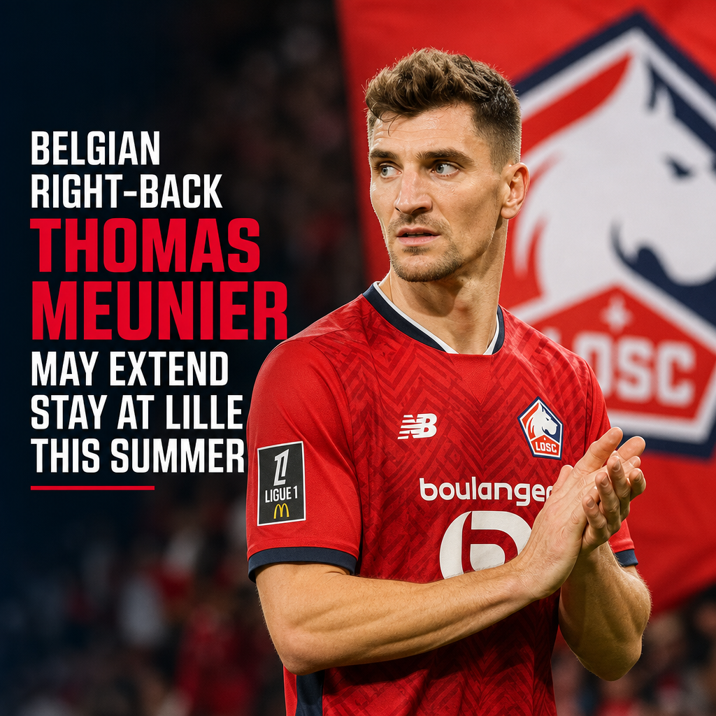 Thomas Meunier in Lille football kit, celebrating on the field, hinting at a possible contract extension.