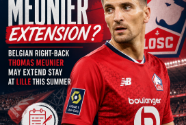 Thomas Meunier in Lille jersey, looking determined during a match, may extend his stay at Lille this summer.