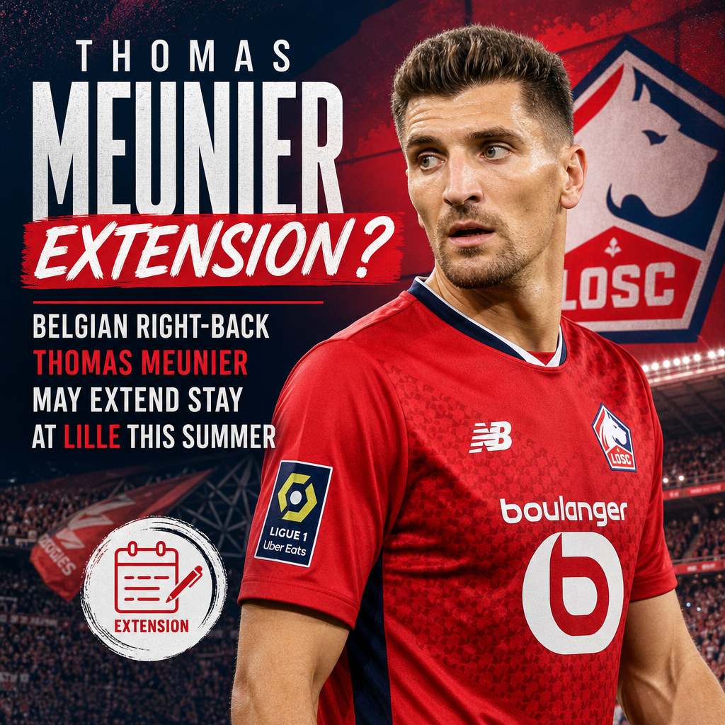 Thomas Meunier in Lille jersey, looking determined during a match, may extend his stay at Lille this summer.