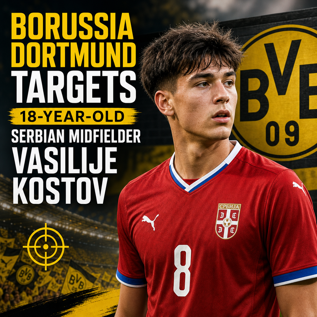 Vasilije Kostov in a soccer kit, highlighted as Borussia Dortmund's target for the midfielder position.