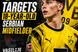 Portrait of 18-year-old Serbian midfielder Vasilije Kostov in Borussia Dortmund training kit.