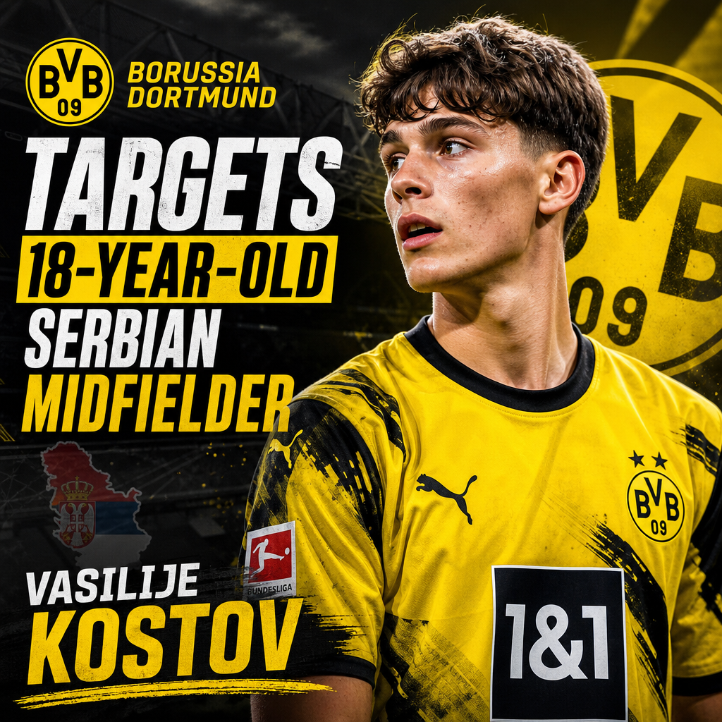 Portrait of 18-year-old Serbian midfielder Vasilije Kostov in Borussia Dortmund training kit.