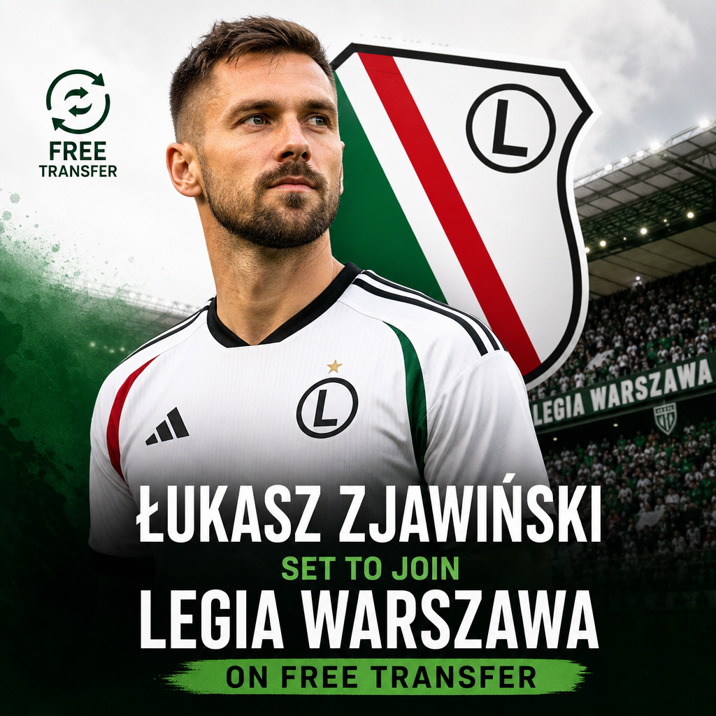 Łukasz Zjawiński in a Legia Warszawa jersey celebrating a goal, announcing his free transfer to the club.