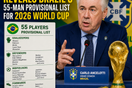 Carlo Ancelotti presenting Brazil's 55-man provisional list for the 2026 World Cup at a press conference.
