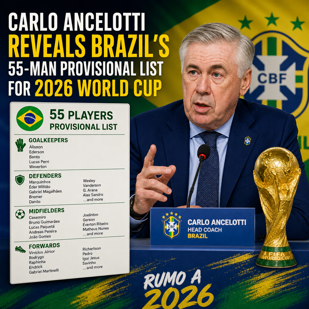 Carlo Ancelotti presenting Brazil's 55-man provisional list for the 2026 World Cup at a press conference.