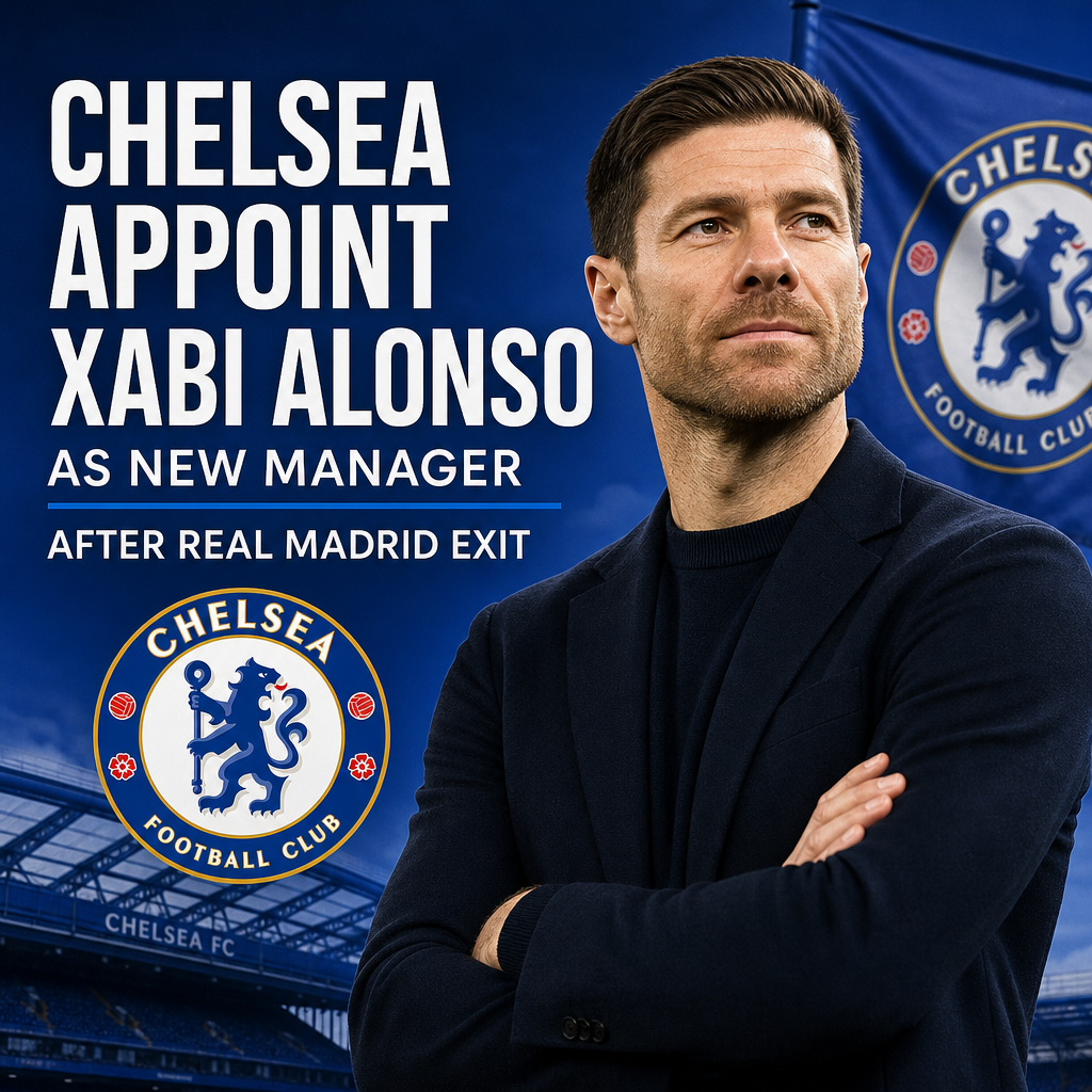 Xabi Alonso in a suit, smiling as he is announced Chelsea's new manager after leaving Real Madrid.
