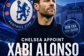 Xabi Alonso in a suit smiling, Chelsea FC logo in the background, symbolizing his new manager role.