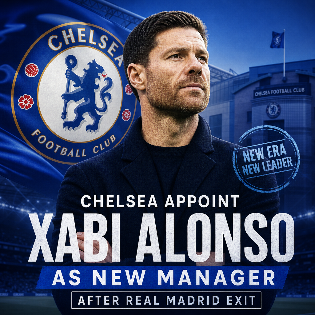 Xabi Alonso in a suit smiling, Chelsea FC logo in the background, symbolizing his new manager role.