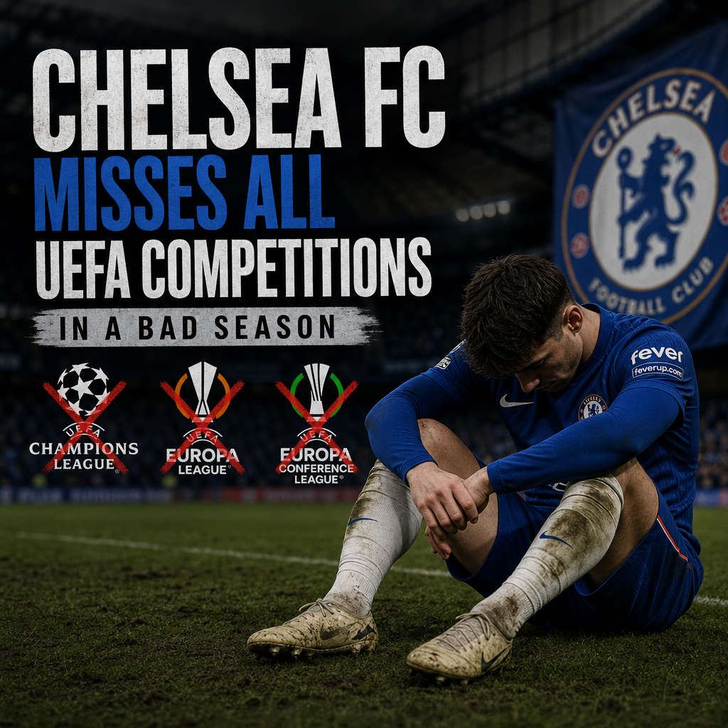 Chelsea FC players look dejected on the pitch after missing all UEFA competitions in a bad season.