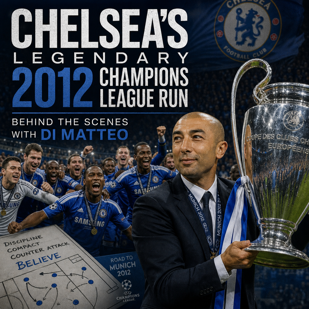 Chelsea manager Di Matteo celebrating the 2012 Champions League victory with jubilant players.
