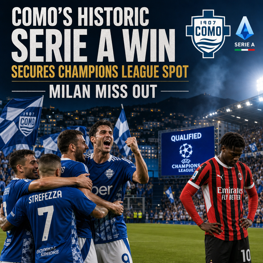 Como players celebrate historic Serie A win securing Champions League spot as Milan players look dejected.