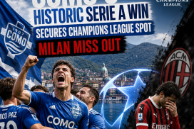 Como players celebrate their historic Serie A win securing a Champions League spot, Milan players look dejected.