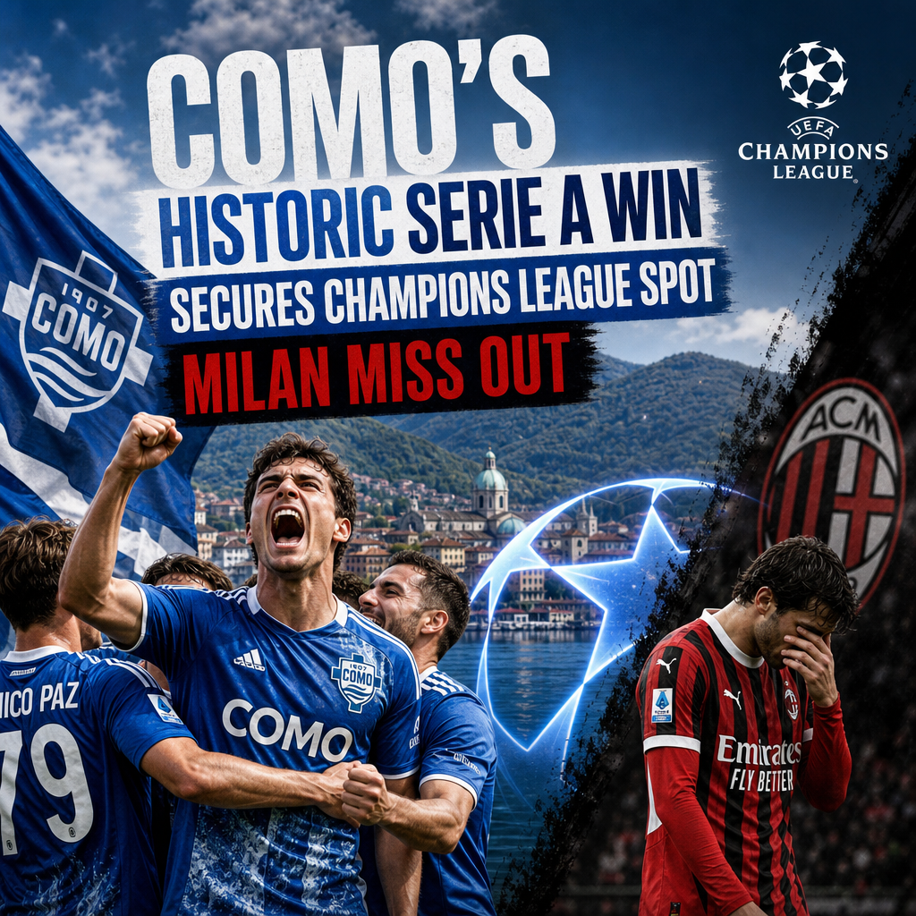 Como players celebrate their historic Serie A win securing a Champions League spot, Milan players look dejected.