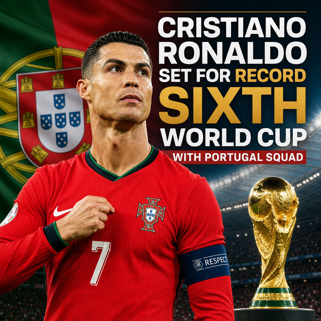 Cristiano Ronaldo in Portugal jersey celebrating, ready for record sixth World Cup participation.