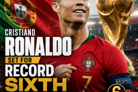 Cristiano Ronaldo in Portugal jersey celebrating with teammates, ready for record sixth World Cup appearance.