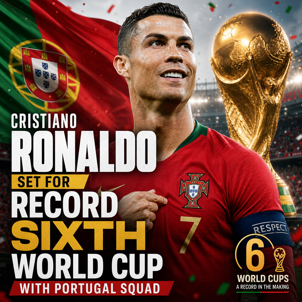 Cristiano Ronaldo in Portugal jersey celebrating with teammates, ready for record sixth World Cup appearance.