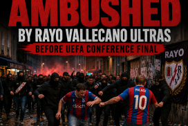 Crystal Palace fans confronted by aggressive Rayo Vallecano ultras outside stadium before UEFA Conference final.