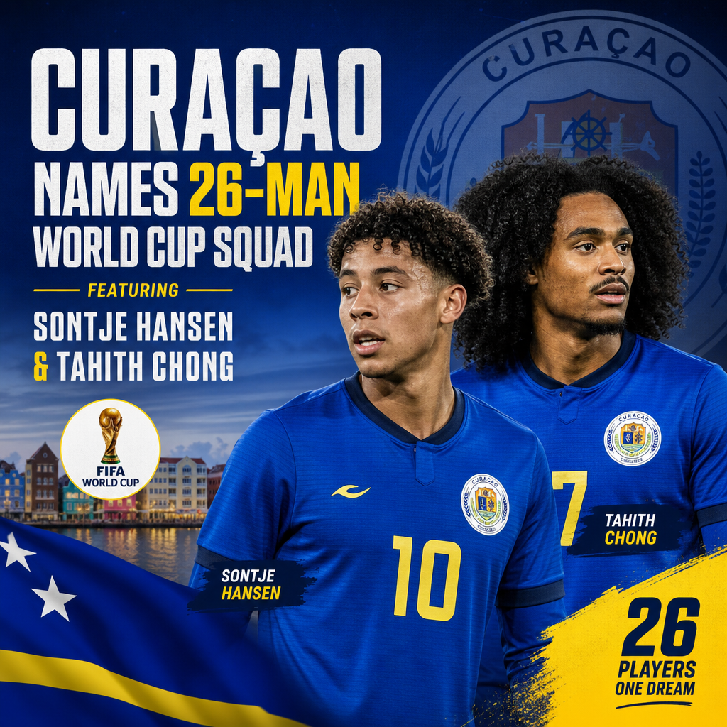 Curacao World Cup squad announcement with players Sontje Hansen and Tahith Chong featured in a team photo.