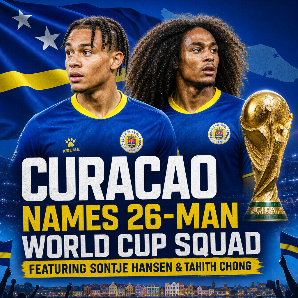 Curacao World Cup squad announcement with players Sontje Hansen and Tahith Chong featured in team uniforms.