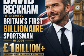 Portrait of David Beckham smiling, celebrating becoming Britain’s first billionaire sportsman in 2026.