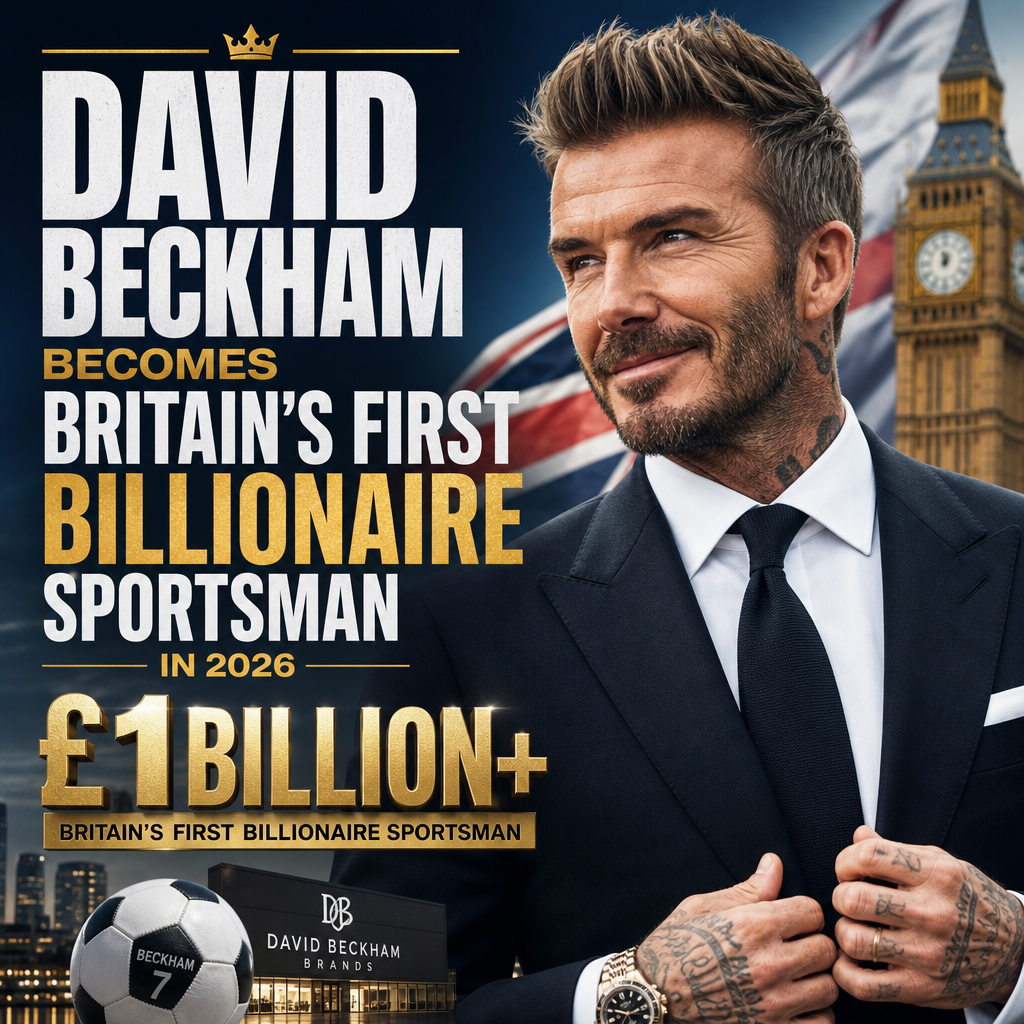 Portrait of David Beckham smiling, celebrating becoming Britain’s first billionaire sportsman in 2026.