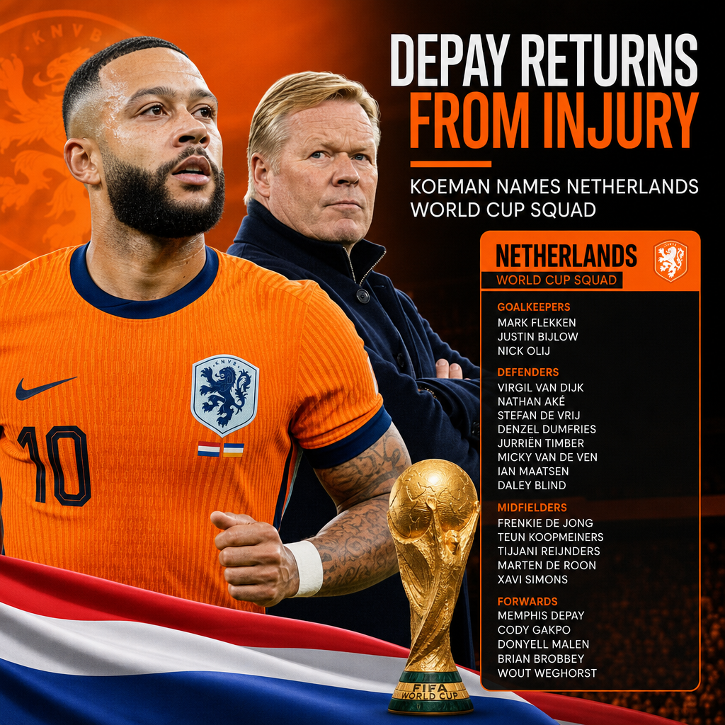 Memphis Depay in Netherlands kit, returning from injury as Koeman announces World Cup squad.