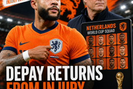 Memphis Depay wearing Netherlands jersey, signaling his return from injury as Koeman announces World Cup squad.