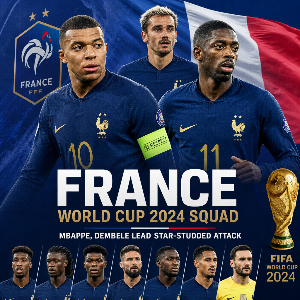 France World Cup 2024 squad lineup featuring star players Mbappe and Dembele in team kits.